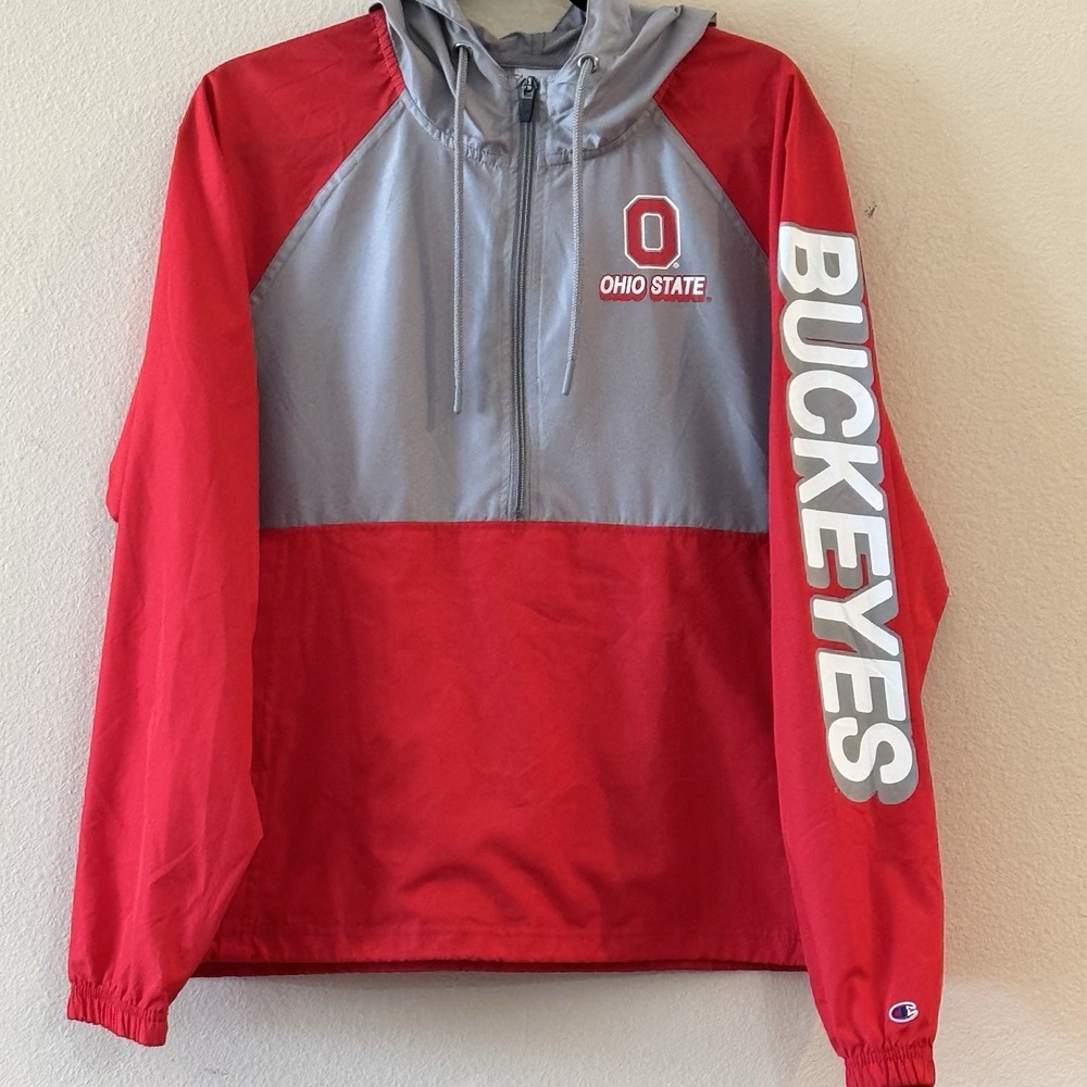 Champion Ohio State Buckeyes Windbreaker Mens L Half Zip Hooded NCAA Red Gray